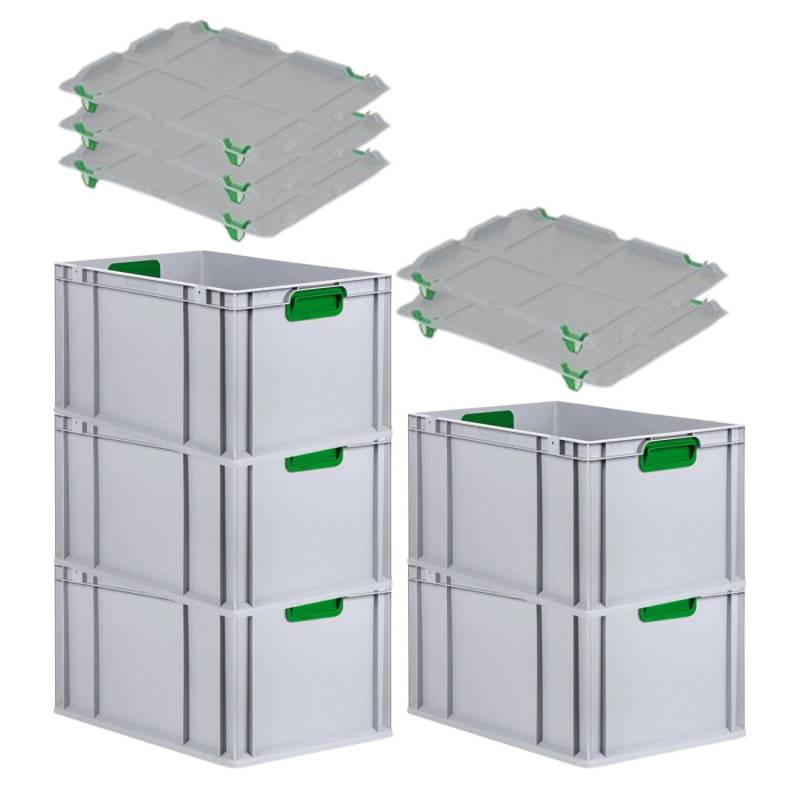 PROREGAL Spar Set 5x Eurobox Nextgen Color Mit Auflagedeckel & Schiebeschnappverschlüsse HxBxT 32 x 40 x 60 cm Griffe Grün Verstärkter Boden von PROREGAL