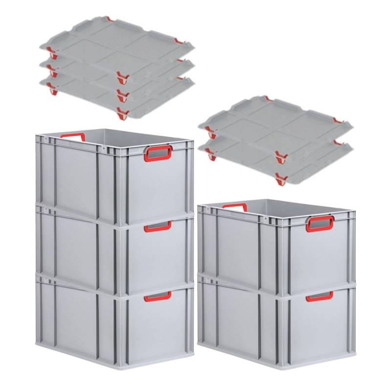 PROREGAL Spar Set 5x Eurobox Nextgen Color Mit Auflagedeckel & Schiebeschnappverschlüsse HxBxT 32 x 40 x 60 cm Griffe Rot Offen Verstärkter Boden von PROREGAL