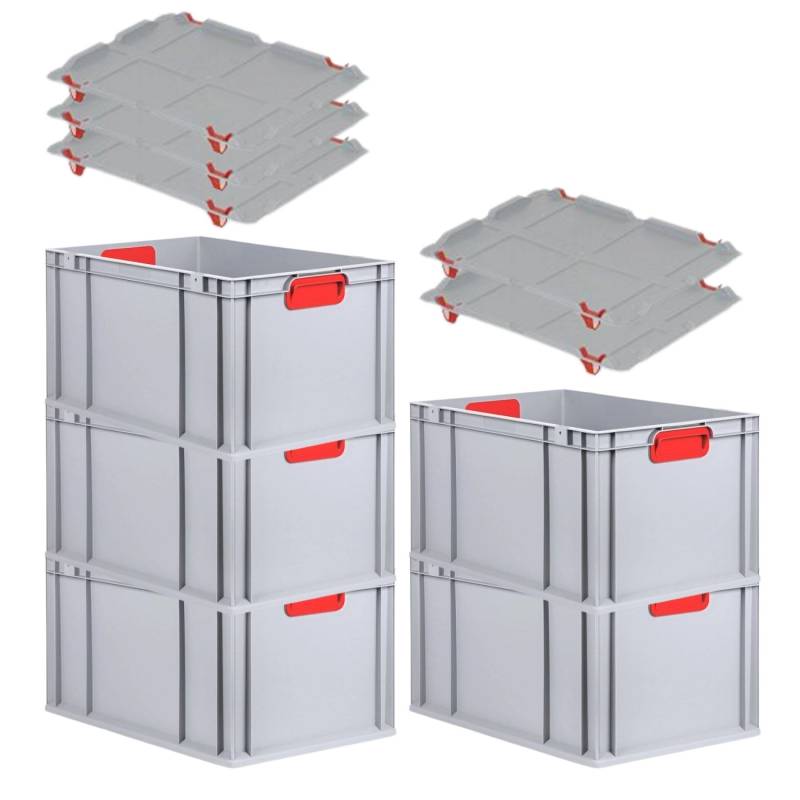 PROREGAL Spar Set 5x Eurobox Nextgen Color Mit Auflagedeckel & Schiebeschnappverschlüsse HxBxT 32 x 40 x 60 cm Griffe Rot Verstärkter Boden von PROREGAL