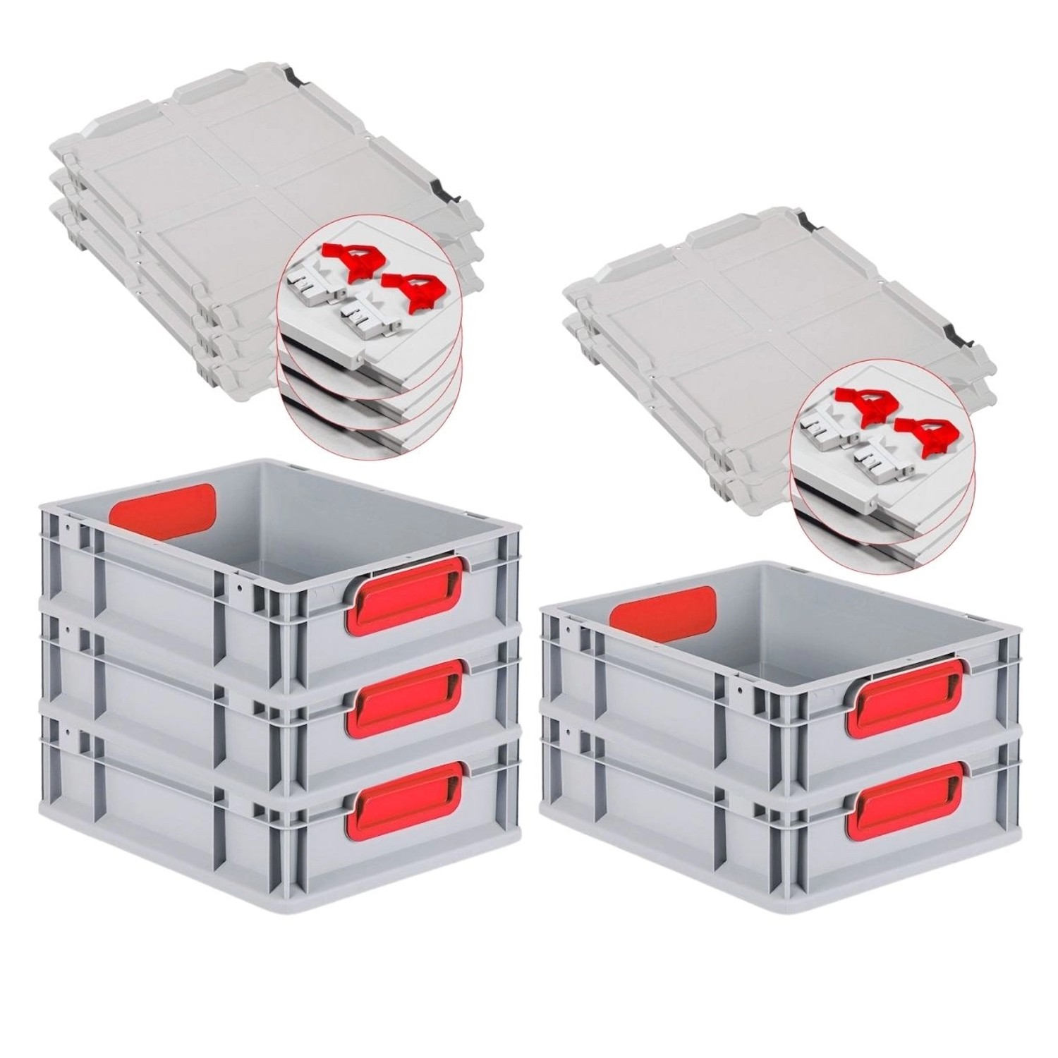 PROREGAL Spar Set 5x Eurobox Nextgen Color Mit Scharnierdeckel & Schiebeschnappverschlüsse HxBxT 12 x 30 x 40 cm Griffe Rot Geschlossen Glatter Boden von PROREGAL