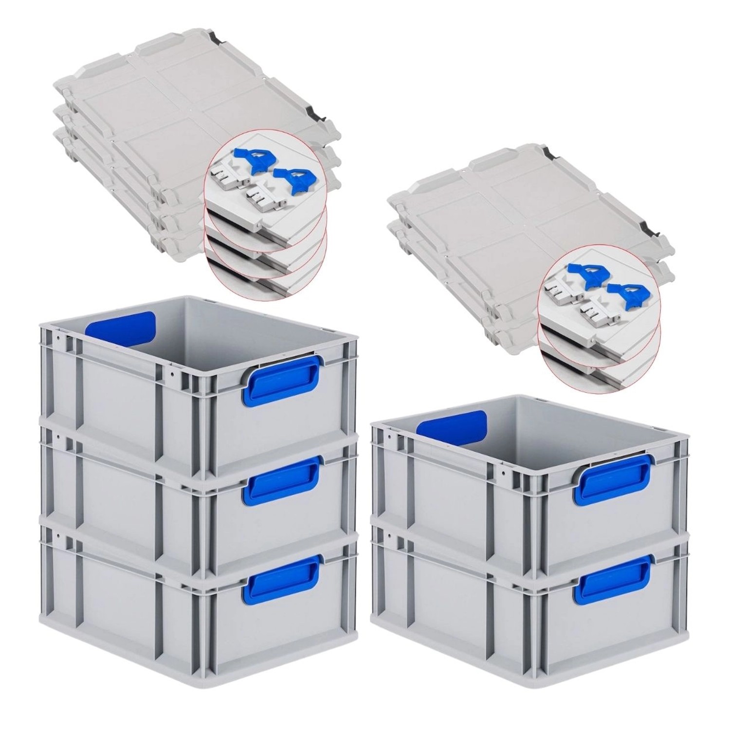 PROREGAL Spar Set 5x Eurobox Nextgen Color Mit Scharnierdeckel & Schiebeschnappverschlüsse HxBxT 17 x 30 x 40 cm Griffe Blau Geschlossen Glatter Boden von PROREGAL