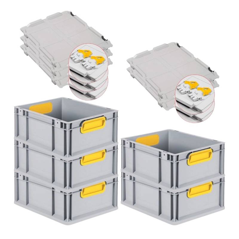 PROREGAL Spar Set 5x Eurobox Nextgen Color Mit Scharnierdeckel & Schiebeschnappverschlüsse HxBxT 17 x 30 x 40 cm Griffe Gelb Geschlossen Glatter Boden von PROREGAL