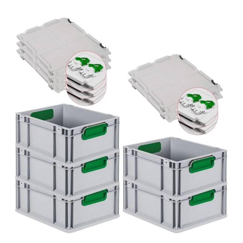 PROREGAL Spar Set 5x Eurobox Nextgen Color Mit Scharnierdeckel & Schiebeschnappverschlüsse HxBxT 17 x 30 x 40 cm Griffe Grün Geschlossen Glatter Boden von PROREGAL