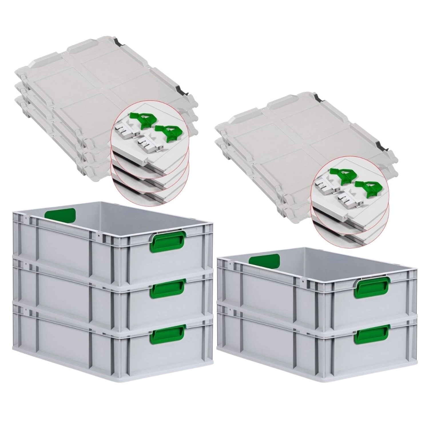 PROREGAL Spar Set 5x Eurobox Nextgen Color Mit Scharnierdeckel & Schiebeschnappverschlüsse HxBxT 17 x 40 x 60 cm Griffe Grün Geschlossen Glatter Boden von PROREGAL