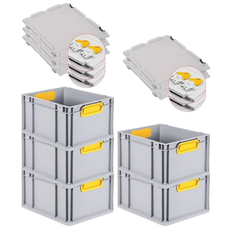 PROREGAL Spar Set 5x Eurobox Nextgen Color Mit Scharnierdeckel & Schiebeschnappverschlüsse HxBxT 22 x 30 x 40 cm Griffe Gelb Geschlossen Glatter Boden von PROREGAL