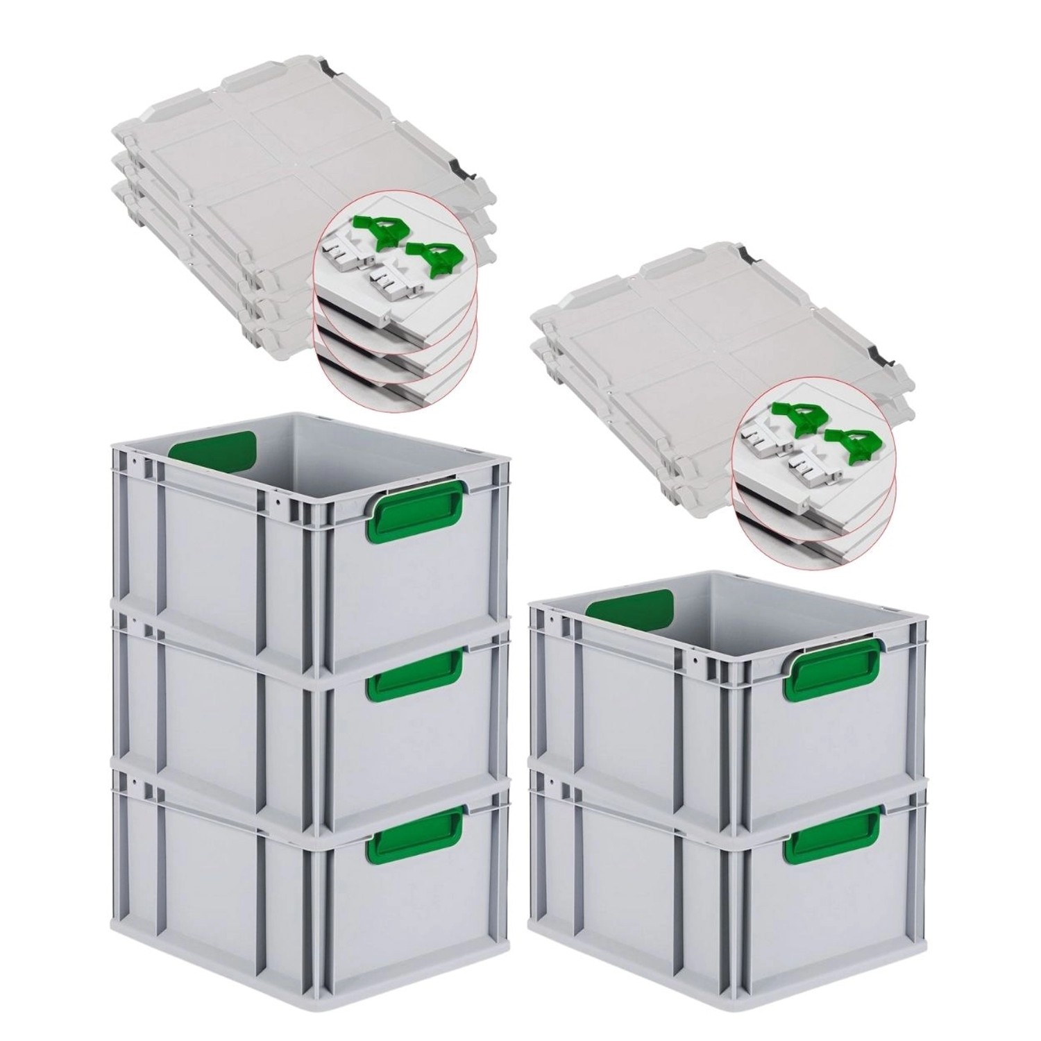PROREGAL Spar Set 5x Eurobox Nextgen Color Mit Scharnierdeckel & Schiebeschnappverschlüsse HxBxT 22 x 30 x 40 cm Griffe Grün Geschlossen Glatter Boden von PROREGAL
