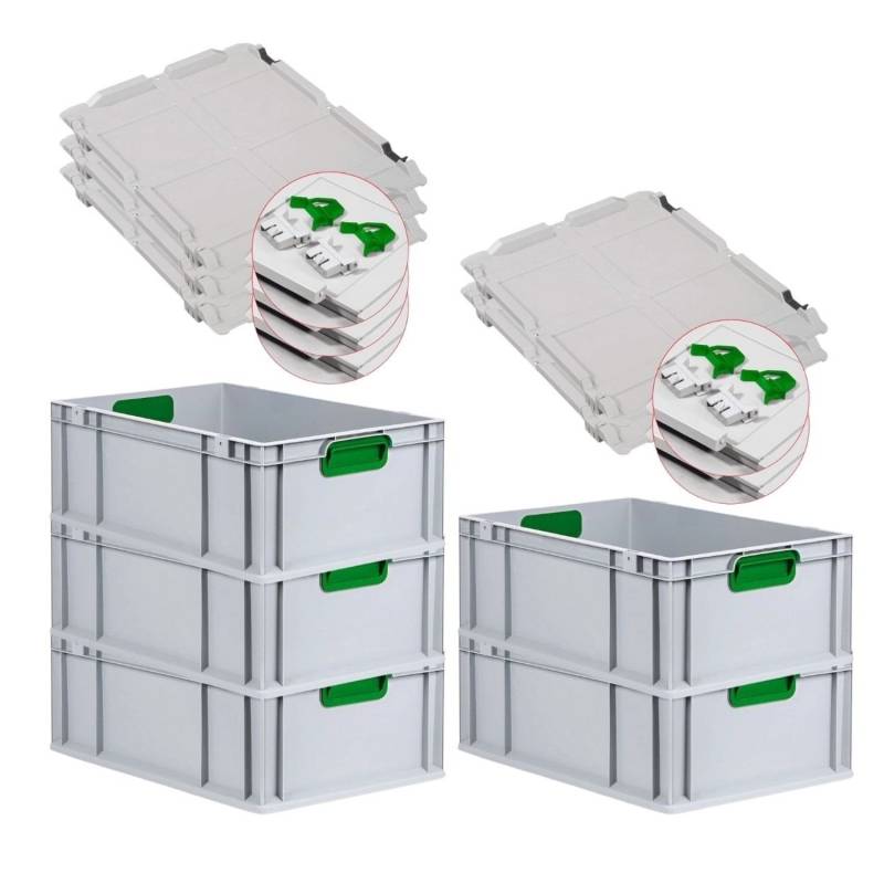 PROREGAL Spar Set 5x Eurobox Nextgen Color Mit Scharnierdeckel & Schiebeschnappverschlüsse HxBxT 22 x 40 x 60 cm Griffe Grün Verstärkter Boden von PROREGAL