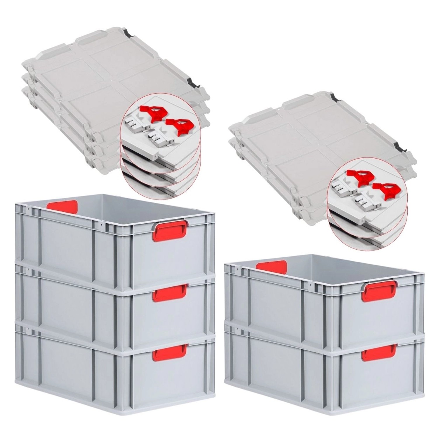 PROREGAL Spar Set 5x Eurobox Nextgen Color Mit Scharnierdeckel & Schiebeschnappverschlüsse HxBxT 22 x 40 x 60 cm Griffe Rot Verstärkter Boden von PROREGAL