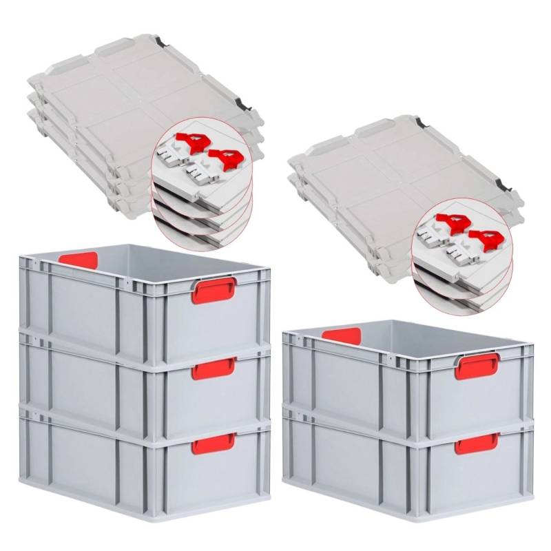PROREGAL Spar Set 5x Eurobox Nextgen Color Mit Scharnierdeckel & Schiebeschnappverschlüsse HxBxT 22 x 40 x 60 cm Griffe Rot Verstärkter Boden von PROREGAL