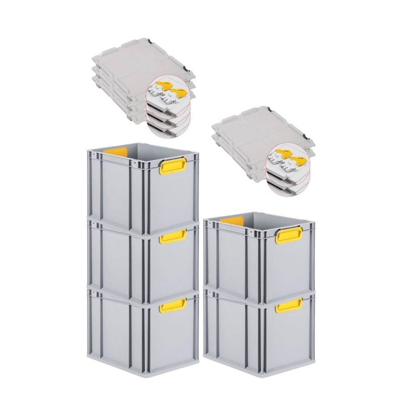 PROREGAL Spar Set 5x Eurobox Nextgen Color Mit Scharnierdeckel & Schiebeschnappverschlüsse HxBxT 32 x 30 x 40 cm Griffe Gelb Geschlossen Glatter Boden von PROREGAL