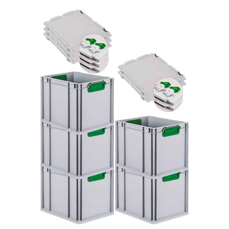 PROREGAL Spar Set 5x Eurobox Nextgen Color Mit Scharnierdeckel & Schiebeschnappverschlüsse HxBxT 32 x 30 x 40 cm Griffe Grün Geschlossen Glatter Boden von PROREGAL