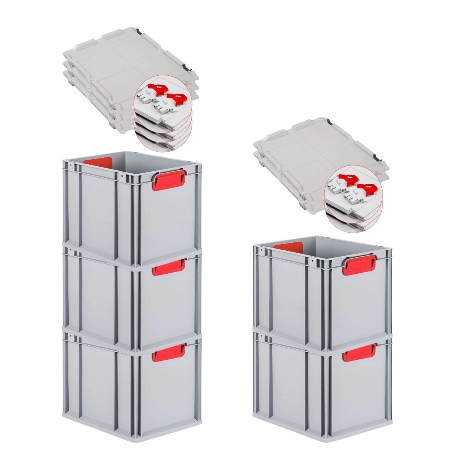 PROREGAL Spar Set 5x Eurobox Nextgen Color Mit Scharnierdeckel & Schiebeschnappverschlüsse HxBxT 32 x 30 x 40 cm Griffe Rot Geschlossen Glatter Boden von PROREGAL