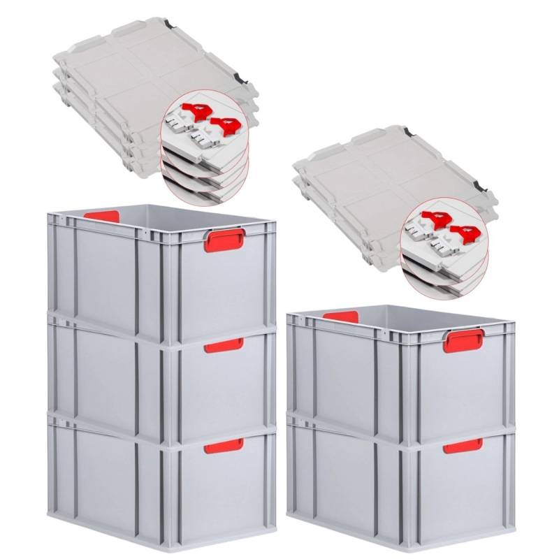 PROREGAL Spar Set 5x Eurobox Nextgen Color Mit Scharnierdeckel & Schiebeschnappverschlüsse HxBxT 32 x 40 x 60 cm Griffe Rot Verstärkter Boden von PROREGAL