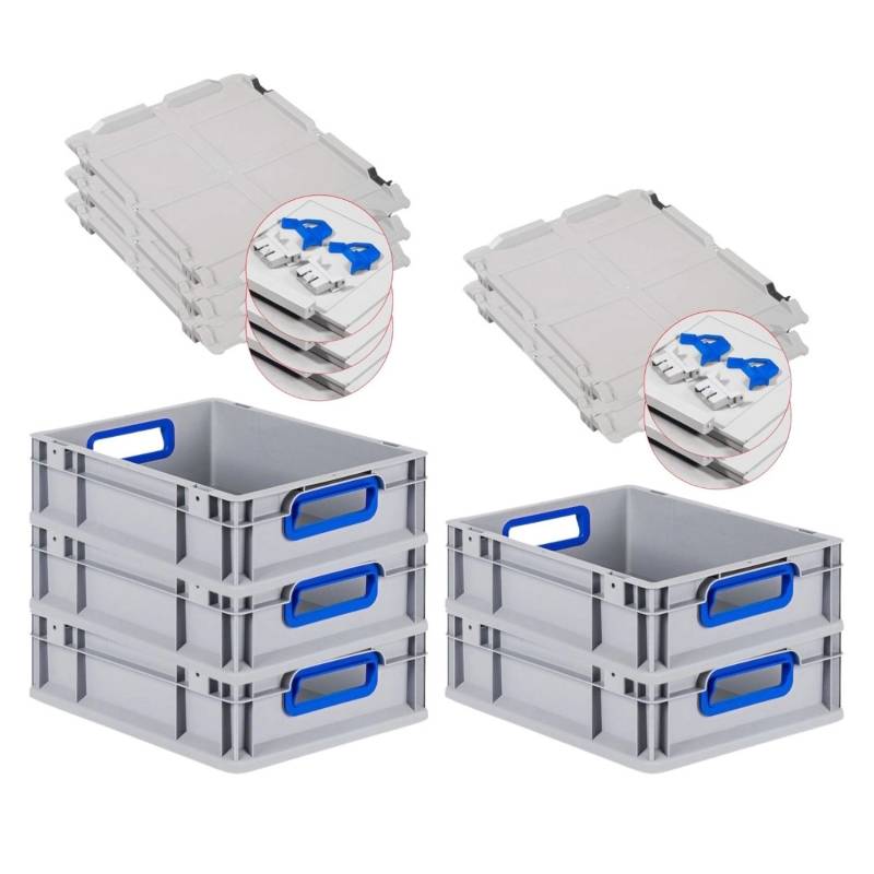 PROREGAL Spar Set 5x Eurobox Nextgen Color Mit Scharnierdeckel & Schiebeschnappverschlüssen HxBxT 12 x 30 x 40 cm Griffe Blau Offen Glatter Boden von PROREGAL