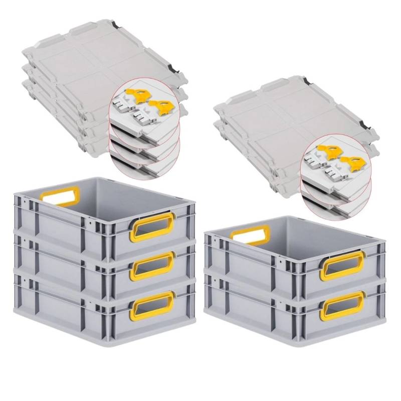 PROREGAL Spar Set 5x Eurobox Nextgen Color Mit Scharnierdeckel & Schiebeschnappverschlüssen HxBxT 12 x 30 x 40 cm Griffe Gelb Offen Glatter Boden von PROREGAL