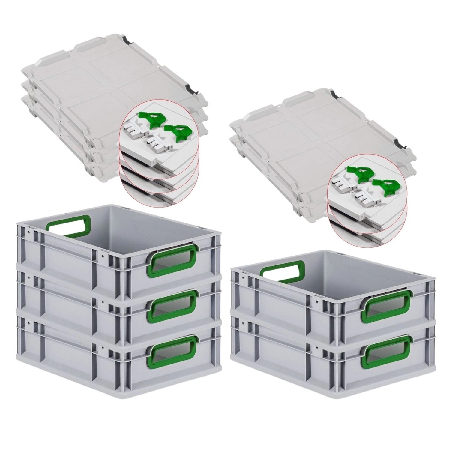 PROREGAL Spar Set 5x Eurobox Nextgen Color Mit Scharnierdeckel & Schiebeschnappverschlüssen HxBxT 12 x 30 x 40 cm Griffe Grün Offen Glatter Boden von PROREGAL
