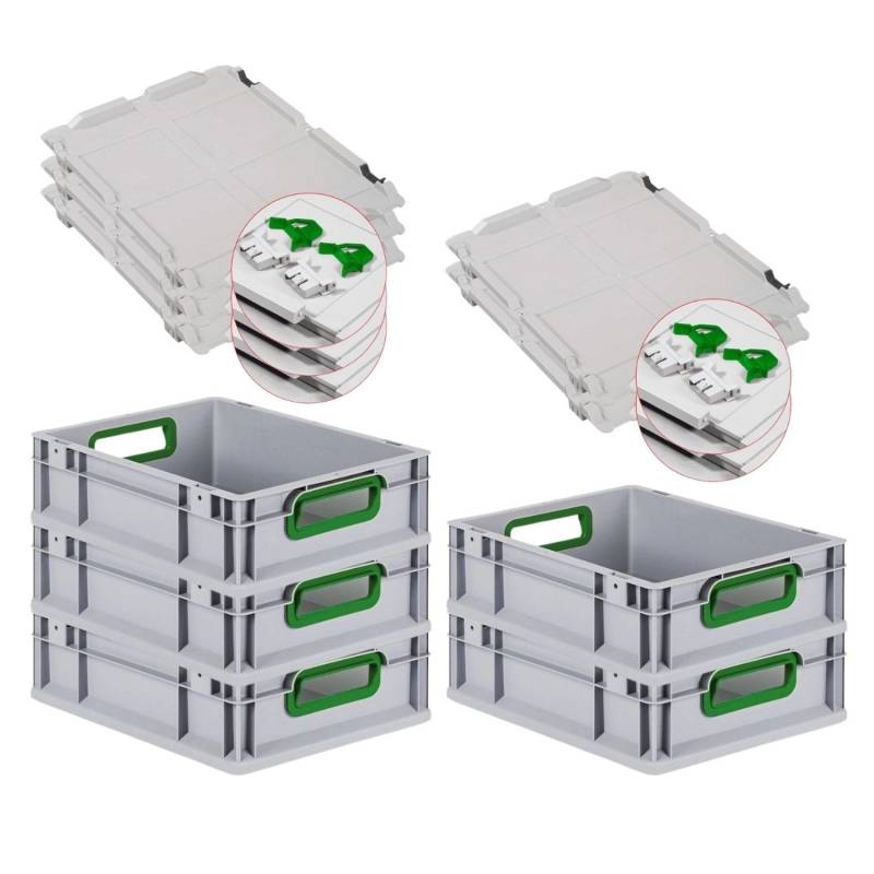 PROREGAL Spar Set 5x Eurobox Nextgen Color Mit Scharnierdeckel & Schiebeschnappverschlüssen HxBxT 12 x 30 x 40 cm Griffe Grün Offen Glatter Boden von PROREGAL