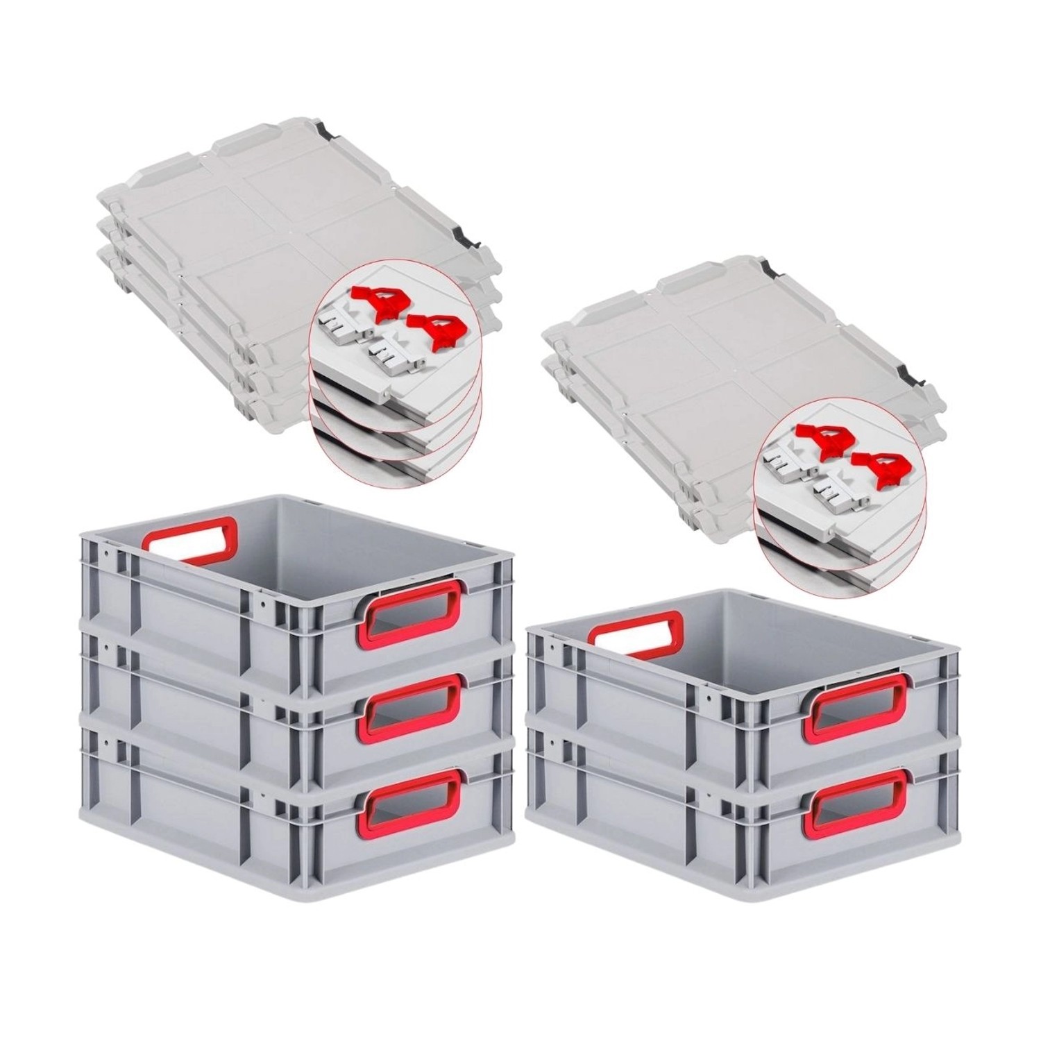 PROREGAL Spar Set 5x Eurobox Nextgen Color Mit Scharnierdeckel & Schiebeschnappverschlüssen HxBxT 12 x 30 x 40 cm Griffe Rot Offen Glatter Boden von PROREGAL