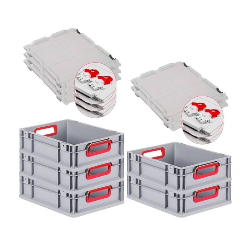 PROREGAL Spar Set 5x Eurobox Nextgen Color Mit Scharnierdeckel & Schiebeschnappverschlüssen HxBxT 12 x 30 x 40 cm Griffe Rot Offen Glatter Boden von PROREGAL