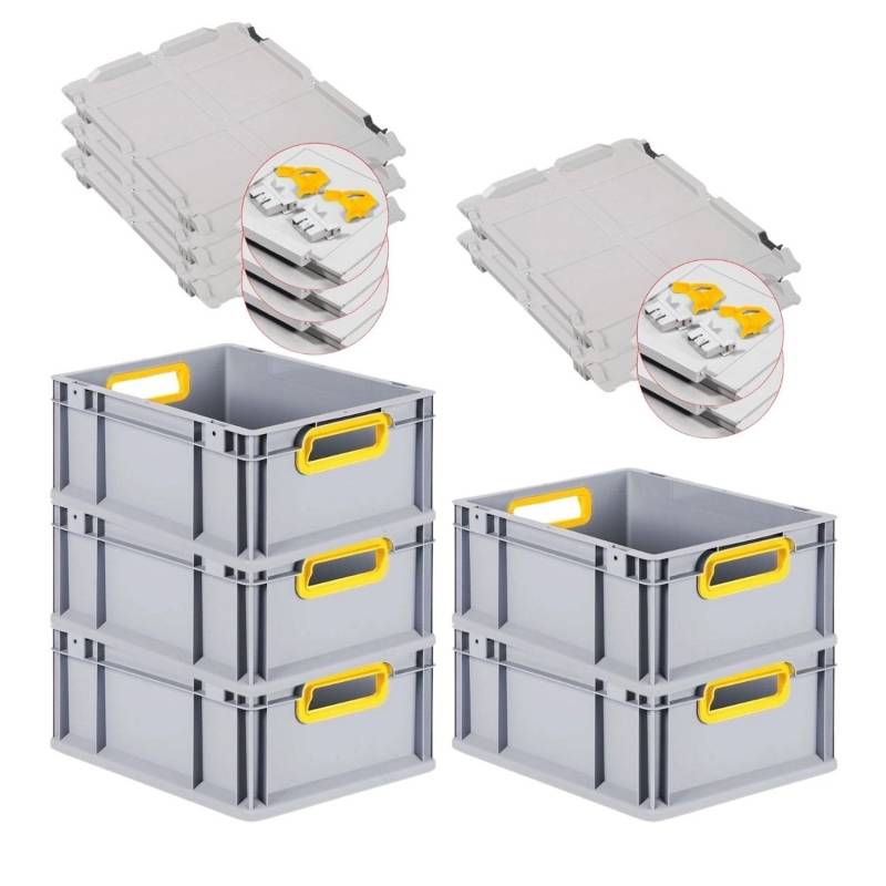 PROREGAL Spar Set 5x Eurobox Nextgen Color Mit Scharnierdeckel & Schiebeschnappverschlüssen HxBxT 17 x 30 x 40 cm Griffe Gelb Offen Glatter Boden von PROREGAL
