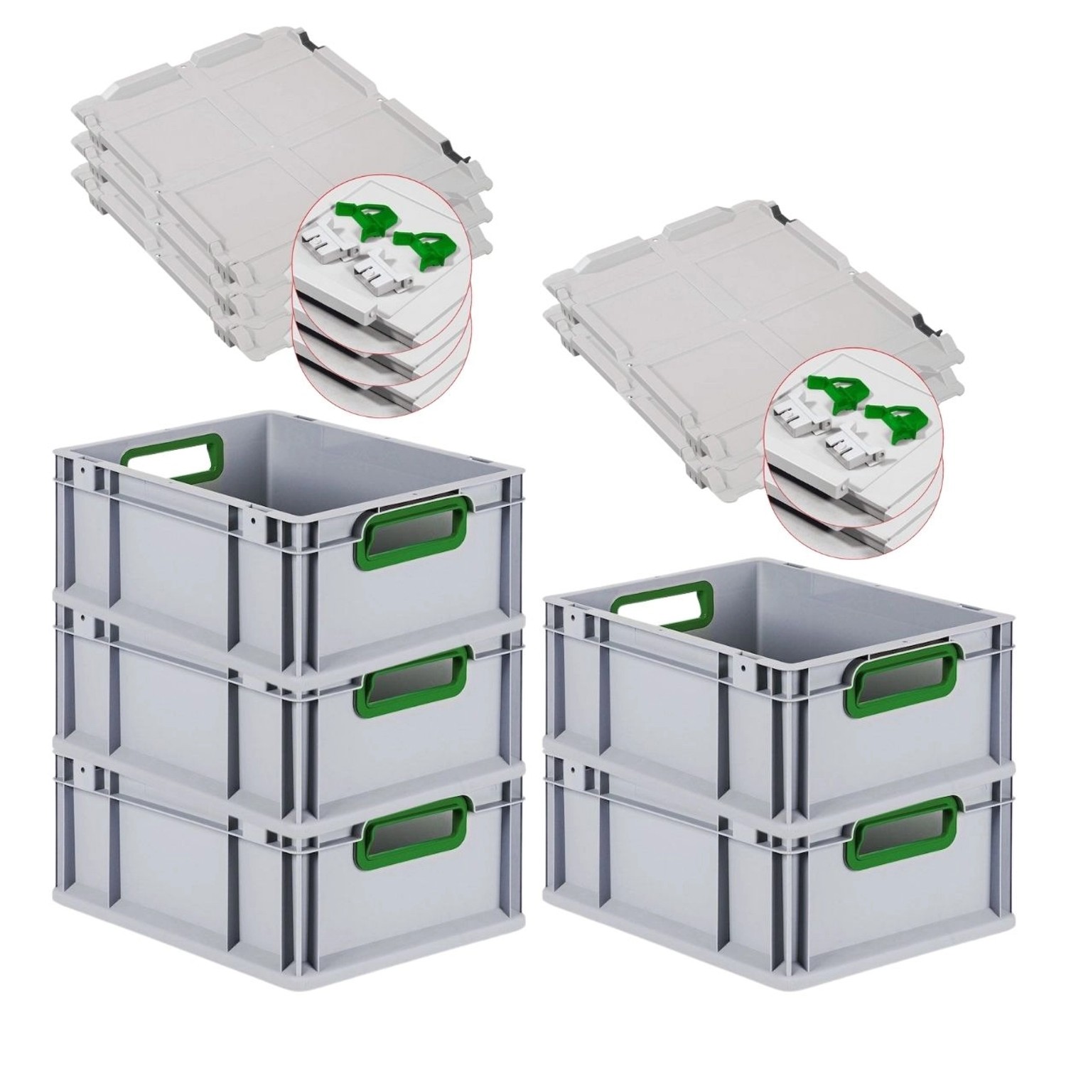 PROREGAL Spar Set 5x Eurobox Nextgen Color Mit Scharnierdeckel & Schiebeschnappverschlüssen HxBxT 17 x 30 x 40 cm Griffe Grün Offen Glatter Boden von PROREGAL