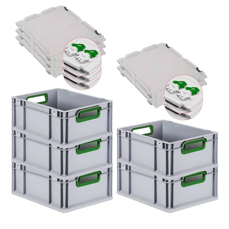 PROREGAL Spar Set 5x Eurobox Nextgen Color Mit Scharnierdeckel & Schiebeschnappverschlüssen HxBxT 17 x 30 x 40 cm Griffe Grün Offen Glatter Boden von PROREGAL