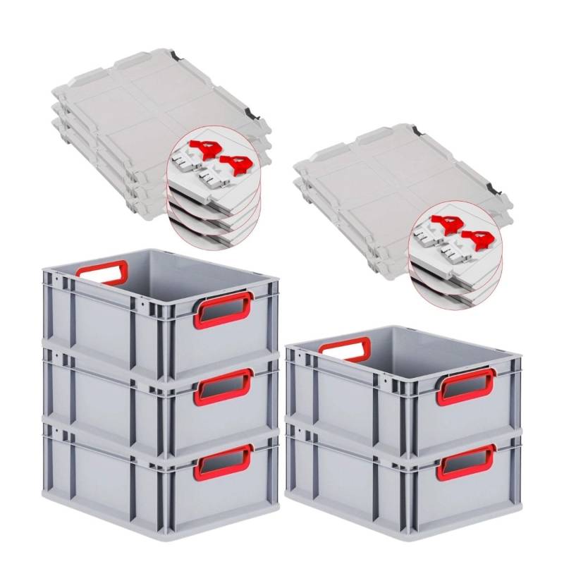 PROREGAL Spar Set 5x Eurobox Nextgen Color Mit Scharnierdeckel & Schiebeschnappverschlüssen HxBxT 17 x 30 x 40 cm Griffe Rot Offen Glatter Boden von PROREGAL