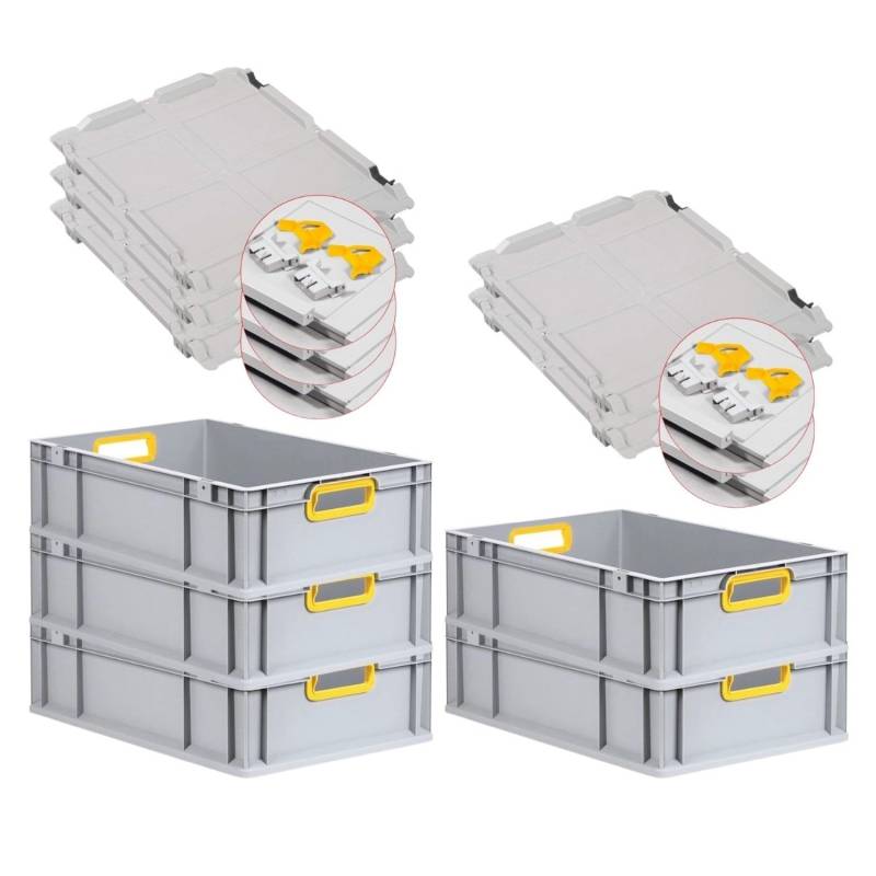 PROREGAL Spar Set 5x Eurobox Nextgen Color Mit Scharnierdeckel & Schiebeschnappverschlüssen HxBxT 17 x 40 x 60 cm Griffe Gelb Offen Glatter Boden von PROREGAL