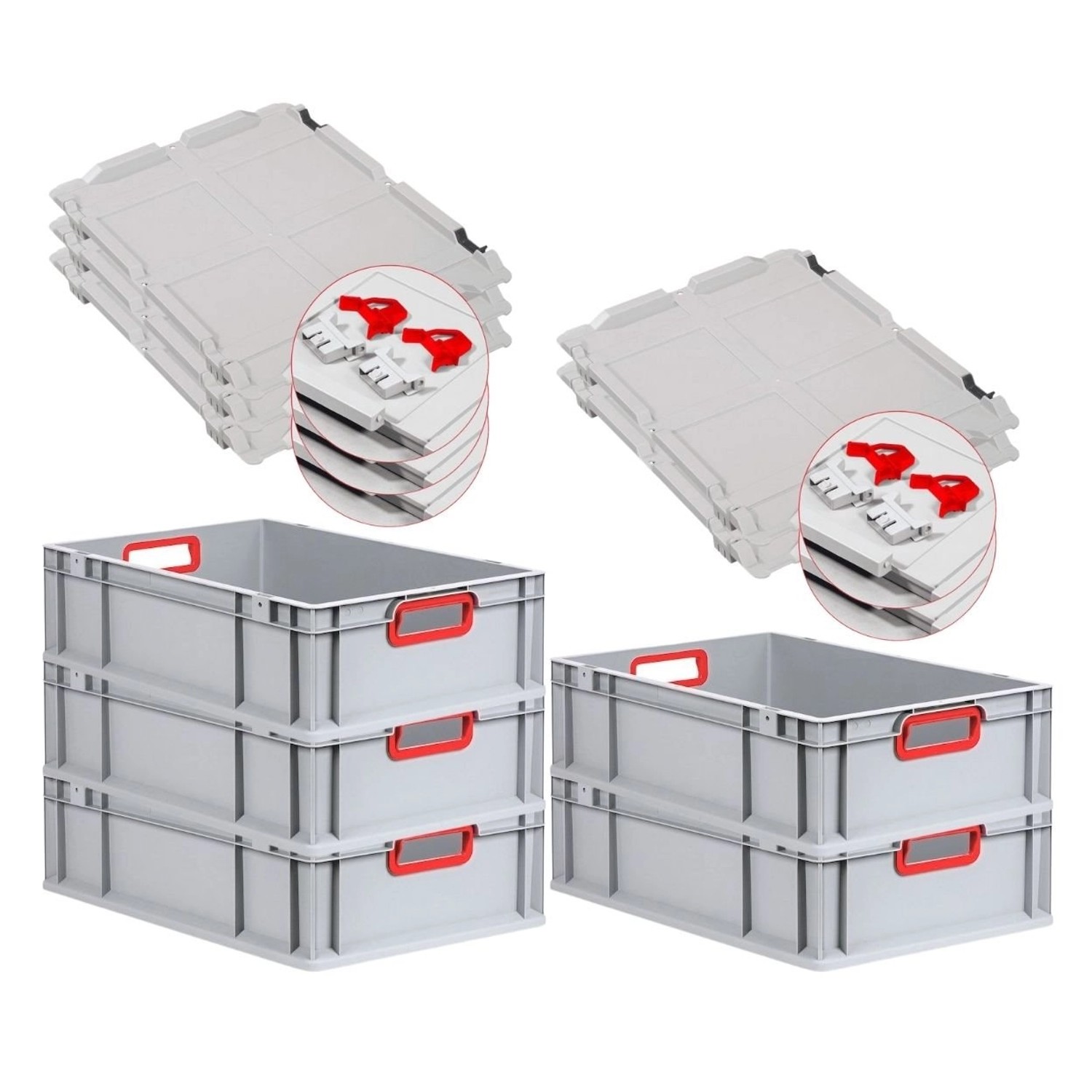 PROREGAL Spar Set 5x Eurobox Nextgen Color Mit Scharnierdeckel & Schiebeschnappverschlüssen HxBxT 17 x 40 x 60 cm Griffe Rot Offen Glatter Boden von PROREGAL