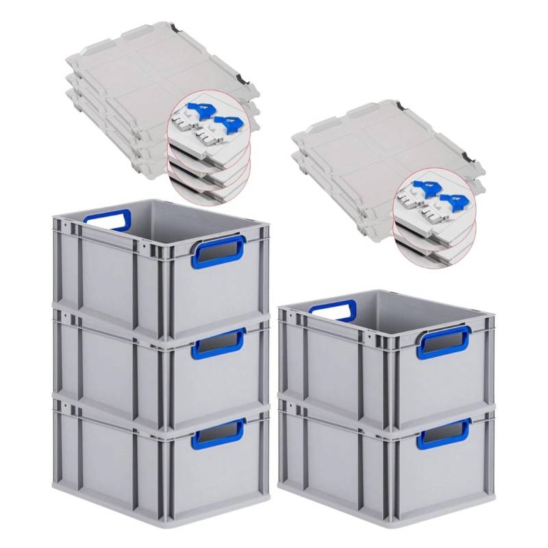 PROREGAL Spar Set 5x Eurobox Nextgen Color Mit Scharnierdeckel & Schiebeschnappverschlüssen HxBxT 22 x 30 x 40 cm Griffe Blau Offen Glatter Boden von PROREGAL