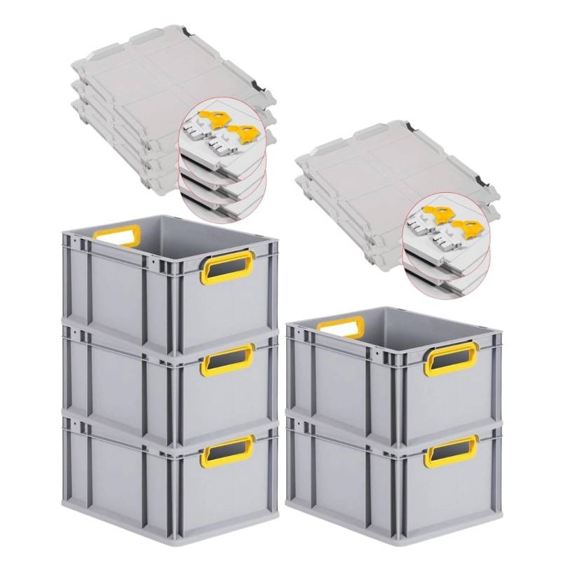 PROREGAL Spar Set 5x Eurobox Nextgen Color Mit Scharnierdeckel & Schiebeschnappverschlüssen HxBxT 22 x 30 x 40 cm Griffe Gelb Offen Glatter Boden von PROREGAL