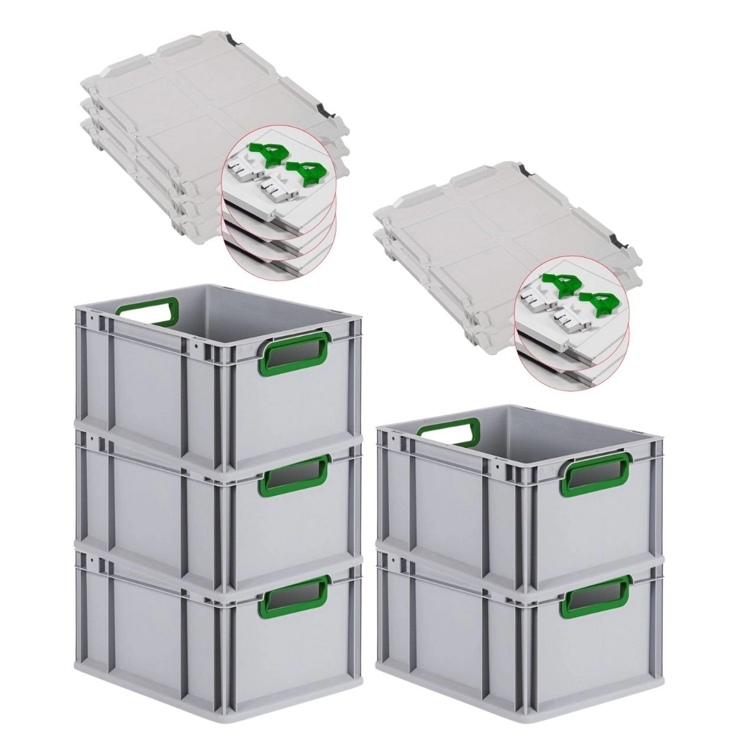 PROREGAL Spar Set 5x Eurobox Nextgen Color Mit Scharnierdeckel & Schiebeschnappverschlüssen HxBxT 22 x 30 x 40 cm Griffe Grün Offen Glatter Boden von PROREGAL
