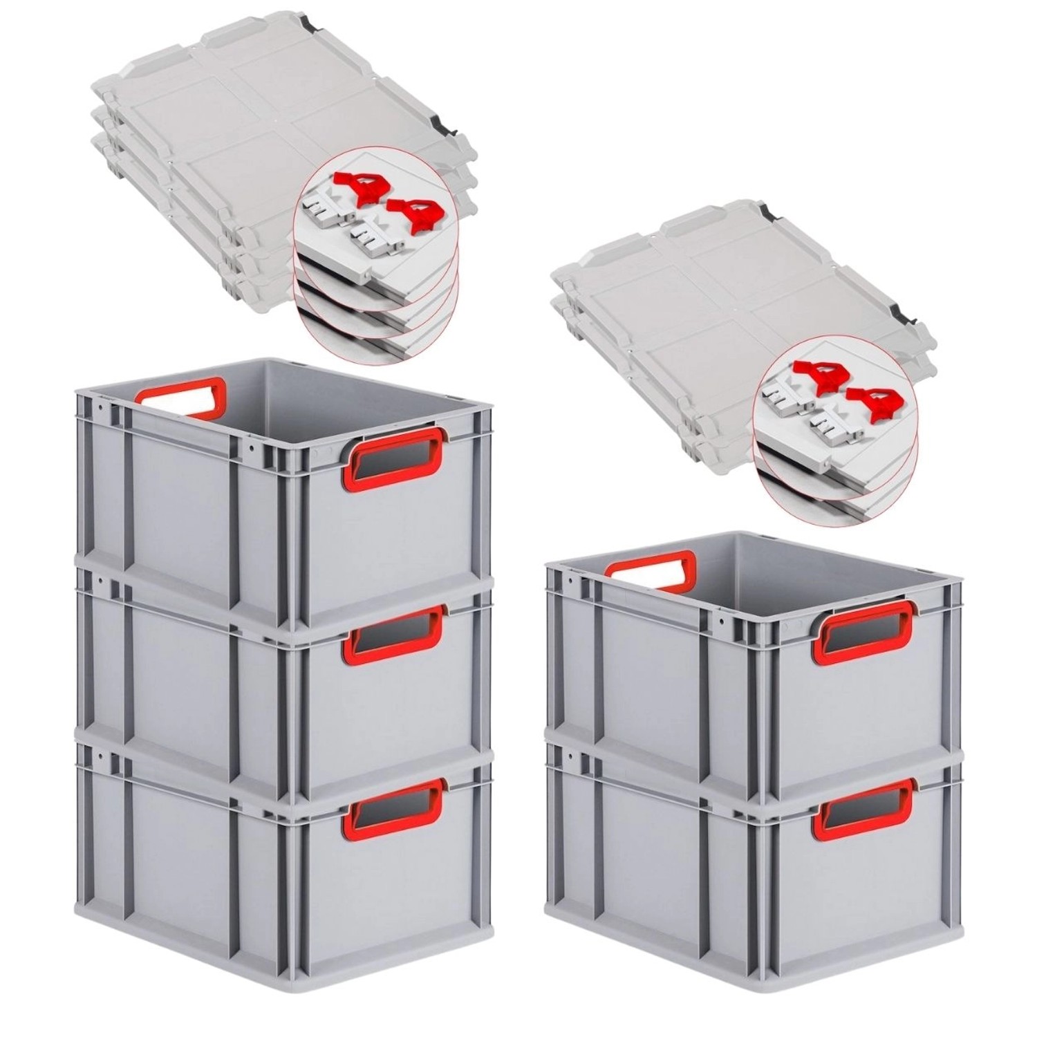 PROREGAL Spar Set 5x Eurobox Nextgen Color Mit Scharnierdeckel & Schiebeschnappverschlüssen HxBxT 22 x 30 x 40 cm Griffe Rot Offen Glatter Boden von PROREGAL