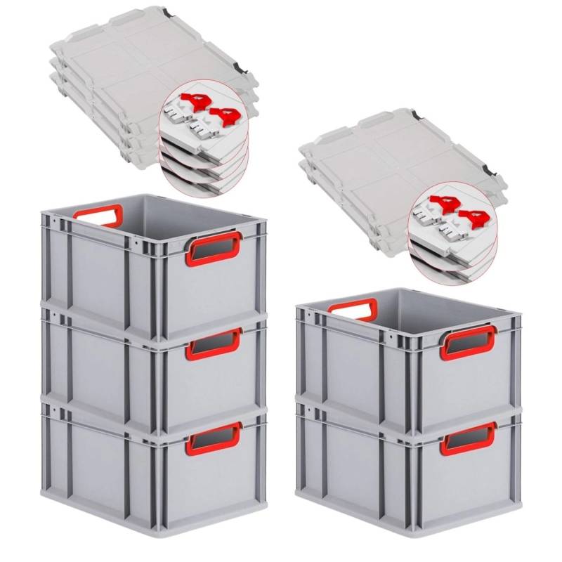 PROREGAL Spar Set 5x Eurobox Nextgen Color Mit Scharnierdeckel & Schiebeschnappverschlüssen HxBxT 22 x 30 x 40 cm Griffe Rot Offen Glatter Boden von PROREGAL