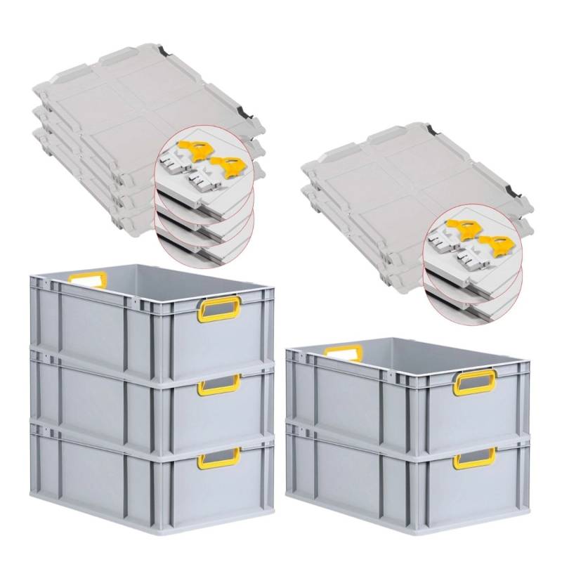 PROREGAL Spar Set 5x Eurobox Nextgen Color Mit Scharnierdeckel & Schiebeschnappverschlüssen HxBxT 22 x 40 x 60 cm Griffe Gelb Offen Verstärkter Boden von PROREGAL