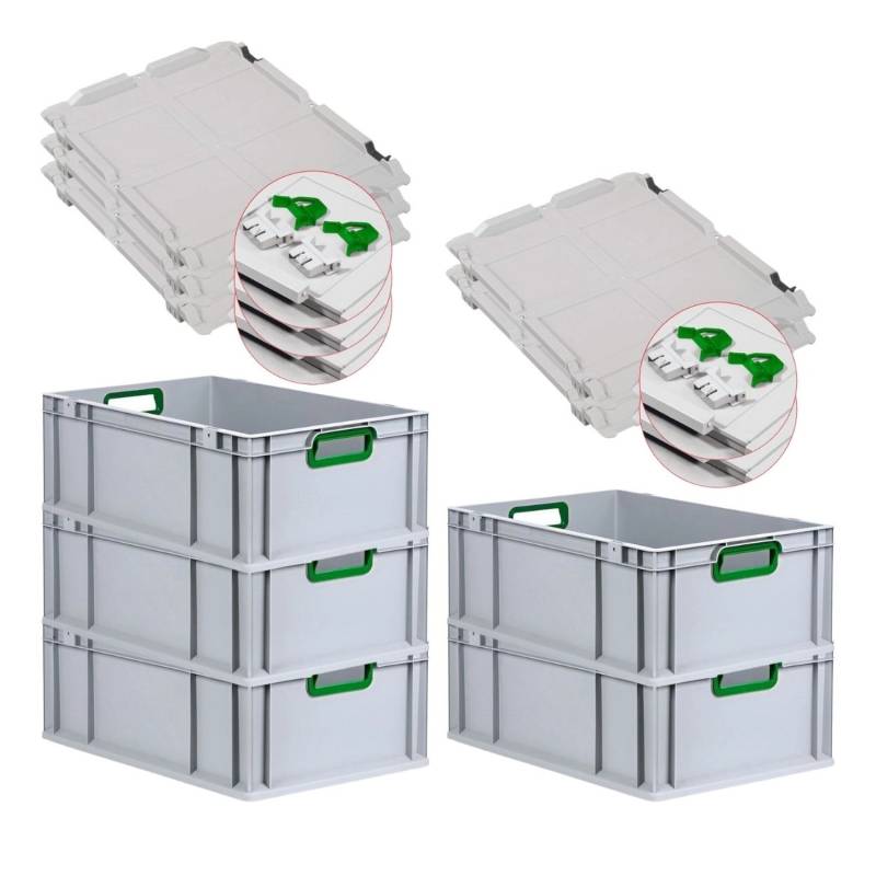 PROREGAL Spar Set 5x Eurobox Nextgen Color Mit Scharnierdeckel & Schiebeschnappverschlüssen HxBxT 22 x 40 x 60 cm Griffe Grün Offen Verstärkter Boden von PROREGAL