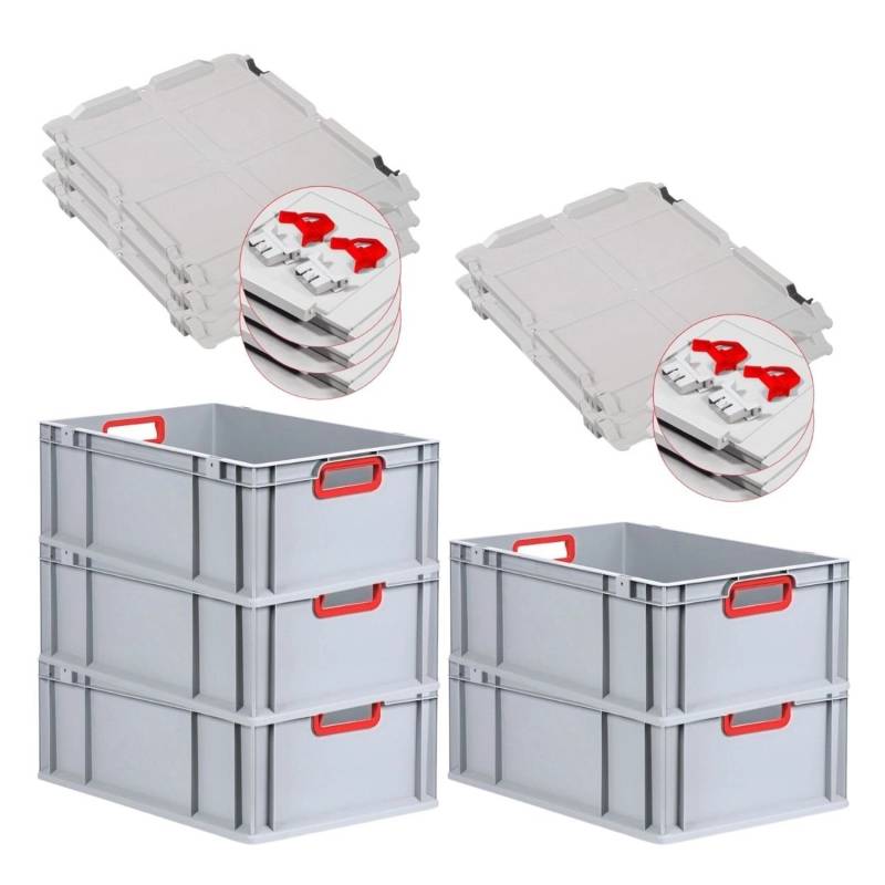 PROREGAL Spar Set 5x Eurobox Nextgen Color Mit Scharnierdeckel & Schiebeschnappverschlüssen HxBxT 22 x 40 x 60 cm Griffe Rot Offen Verstärkter Boden von PROREGAL