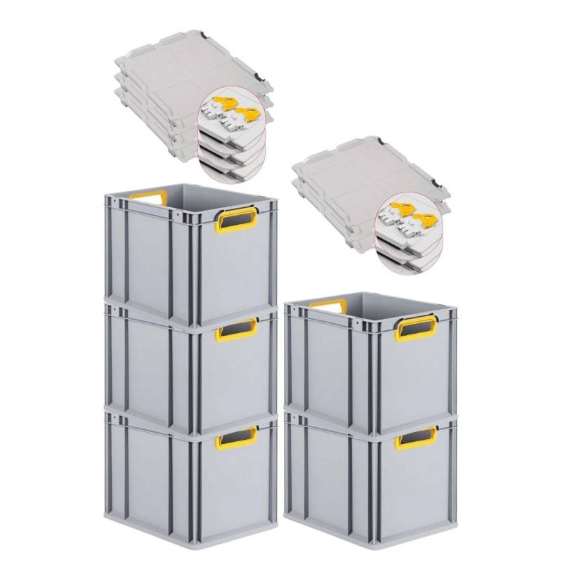 PROREGAL Spar Set 5x Eurobox Nextgen Color Mit Scharnierdeckel & Schiebeschnappverschlüssen HxBxT 32 x 30 x 40 cm Griffe Gelb Offen Glatter Boden von PROREGAL