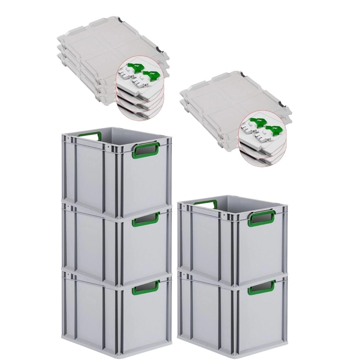 PROREGAL Spar Set 5x Eurobox Nextgen Color Mit Scharnierdeckel & Schiebeschnappverschlüssen HxBxT 32 x 30 x 40 cm Griffe Grün Offen Glatter Boden PROREGAL Spar Set 5x Eurobox Nextgen Color Mit Scharnierdeckel & Schiebeschnappverschlüssen HxBxT 32 x 30 x 40 cm Griffe Grün Offen Glatter Boden von PROREGAL