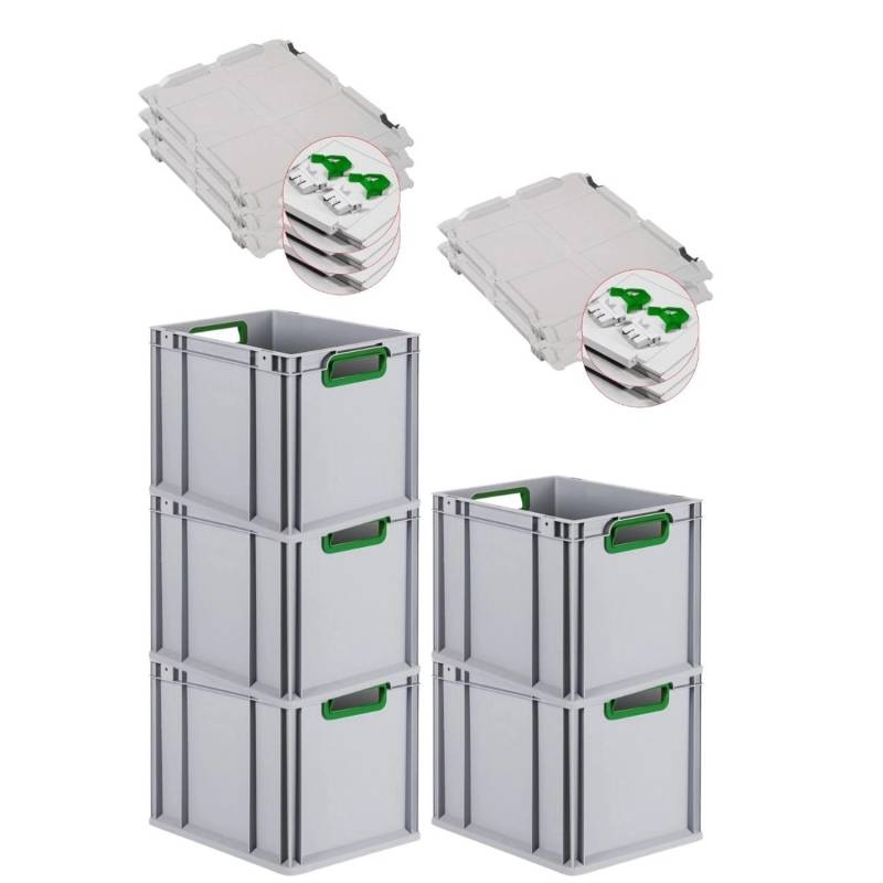 PROREGAL Spar Set 5x Eurobox Nextgen Color Mit Scharnierdeckel & Schiebeschnappverschlüssen HxBxT 32 x 30 x 40 cm Griffe Grün Offen Glatter Boden von PROREGAL
