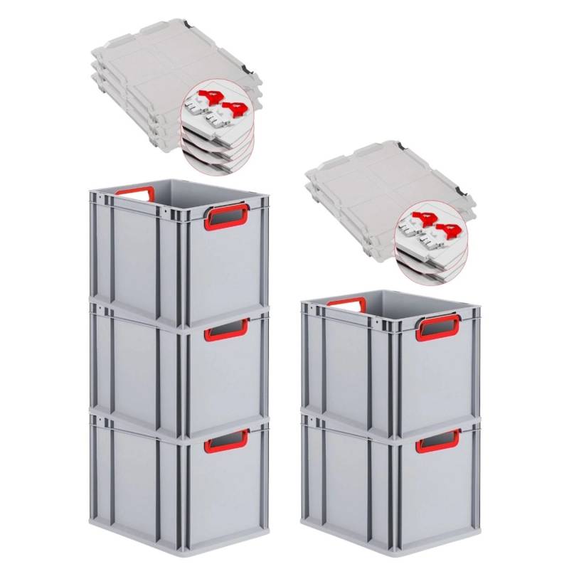 PROREGAL Spar Set 5x Eurobox Nextgen Color Mit Scharnierdeckel & Schiebeschnappverschlüssen HxBxT 32 x 30 x 40 cm Griffe Rot Offen Glatter Boden von PROREGAL