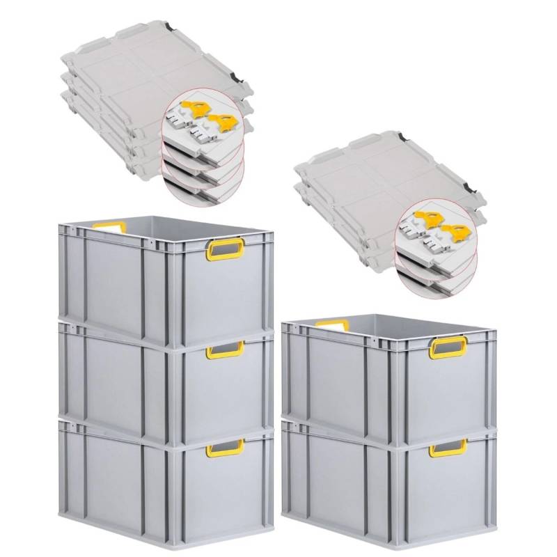 PROREGAL Spar Set 5x Eurobox Nextgen Color Mit Scharnierdeckel & Schiebeschnappverschlüssen HxBxT 32 x 40 x 60 cm Griffe Gelb Offen Verstärkter Boden von PROREGAL