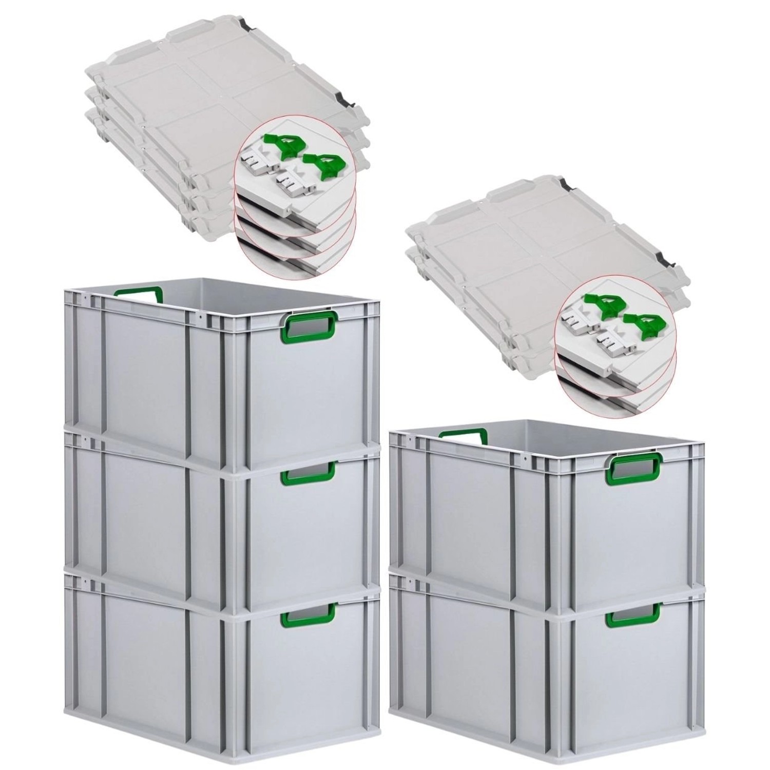 PROREGAL Spar Set 5x Eurobox Nextgen Color Mit Scharnierdeckel & Schiebeschnappverschlüssen HxBxT 32 x 40 x 60 cm Griffe Grün Offen Verstärkter Boden von PROREGAL