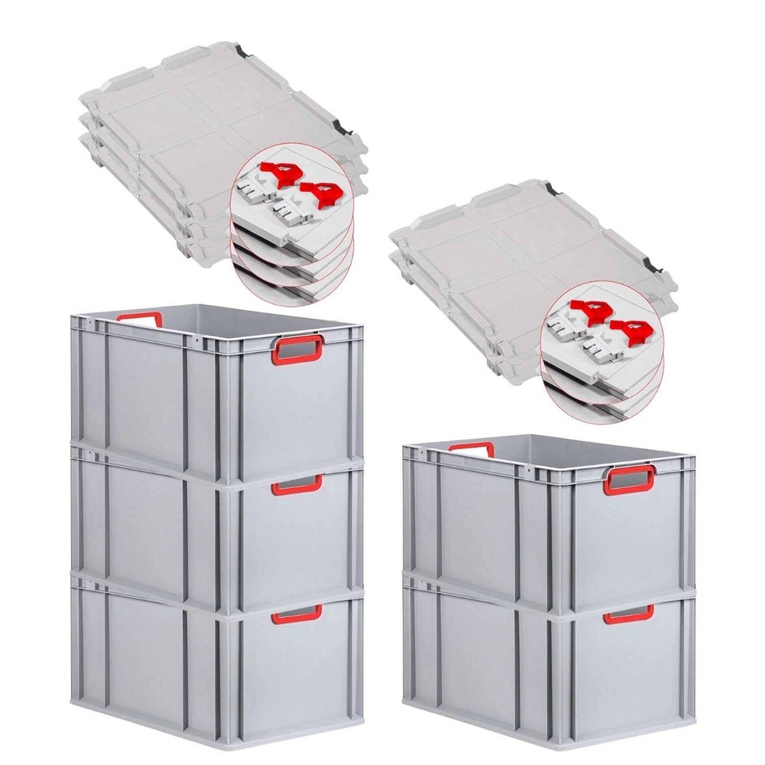 PROREGAL Spar Set 5x Eurobox Nextgen Color Mit Scharnierdeckel & Schiebeschnappverschlüssen HxBxT 32 x 40 x 60 cm Griffe Rot Offen Verstärkter Boden von PROREGAL