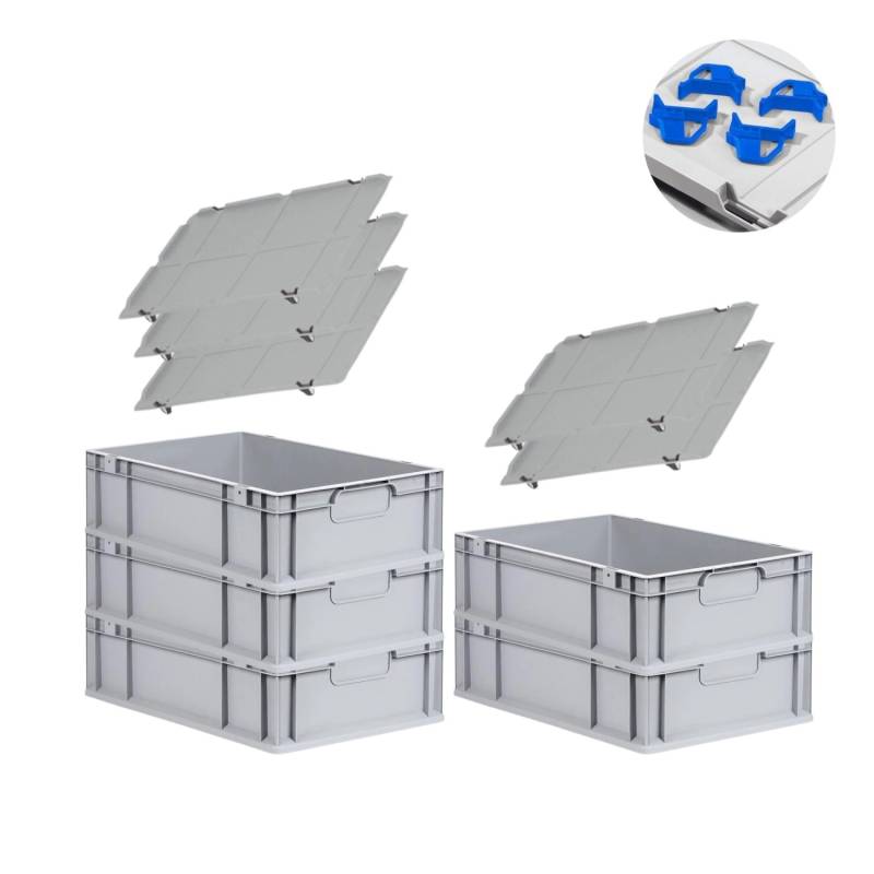 PROREGAL Spar Set 5x Eurobox Nextgen Economy Mit Auflagedeckel & 4x Schiebeschnappverschlüsse Blau Griffe Geschlossen HxBxT 17 x 40 x 60 cm 34 Liter von PROREGAL