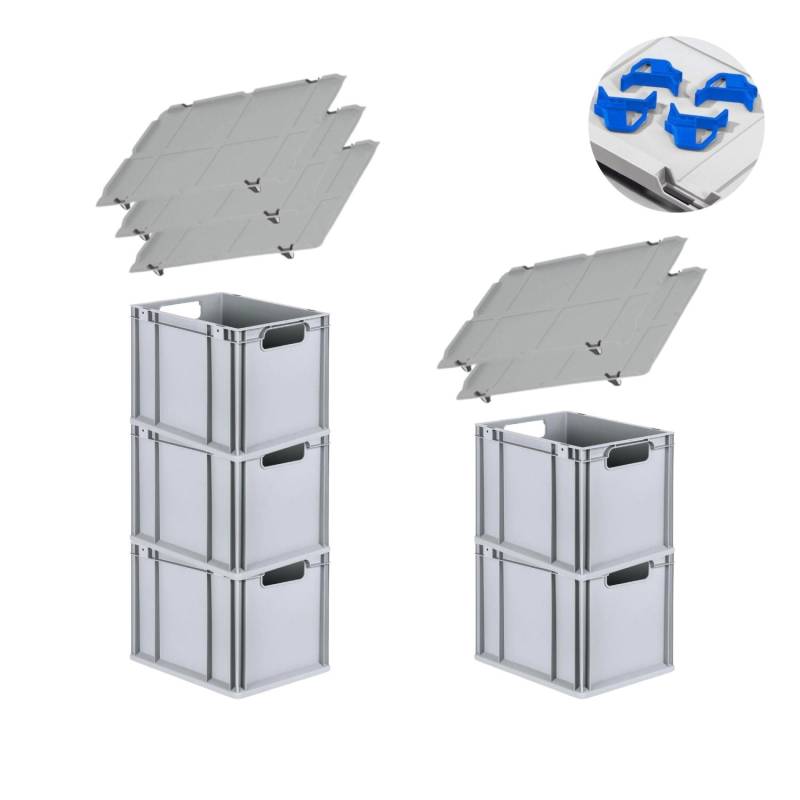 PROREGAL Spar Set 5x Eurobox Nextgen Economy Mit Auflagedeckel & 4x Schiebeschnappverschlüsse Blau Griffe Offen HxBxT 32 x 30 x 40 cm 30 Liter von PROREGAL