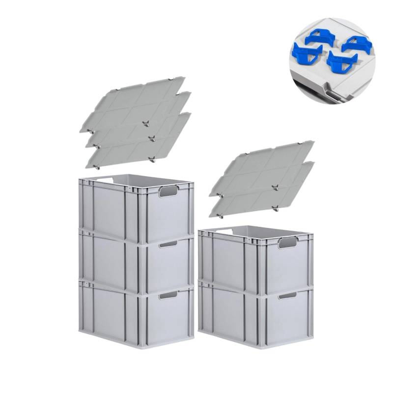 PROREGAL Spar Set 5x Eurobox Nextgen Economy Mit Auflagedeckel & 4x Schiebeschnappverschlüsse Blau Griffe Offen HxBxT 32 x 40 x 60 cm 65 Liter von PROREGAL