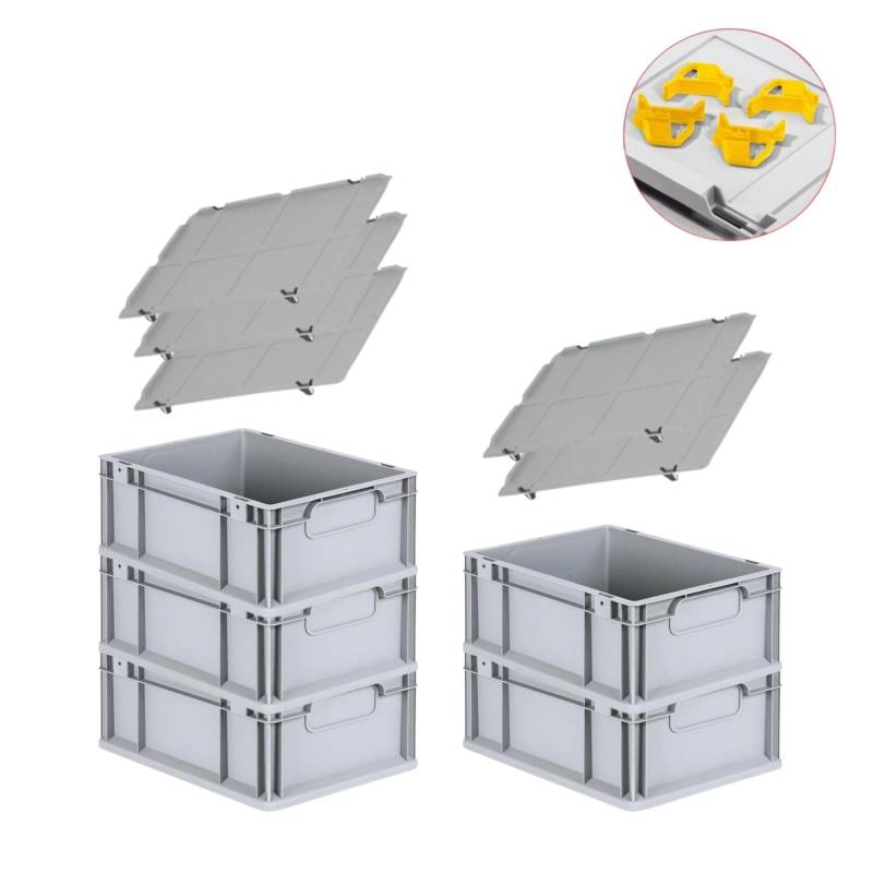 PROREGAL Spar Set 5x Eurobox Nextgen Economy Mit Auflagedeckel & 4x Schiebeschnappverschlüsse Gelb Griffe Geschlossen HxBxT 17 x 30 x 40 cm 16 Liter von PROREGAL