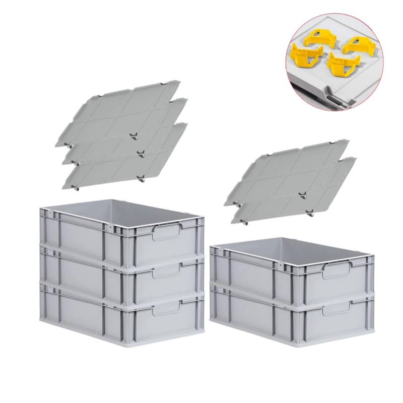PROREGAL Spar Set 5x Eurobox Nextgen Economy Mit Auflagedeckel & 4x Schiebeschnappverschlüsse Gelb Griffe Geschlossen HxBxT 17 x 40 x 60 cm 34 Liter von PROREGAL