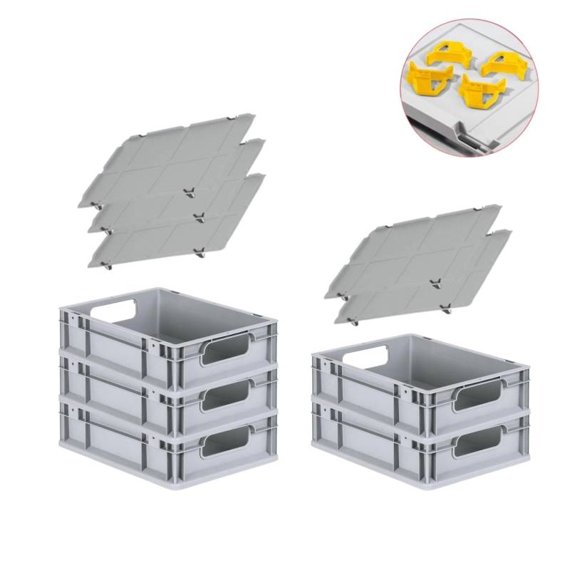 PROREGAL Spar Set 5x Eurobox Nextgen Economy Mit Auflagedeckel & 4x Schiebeschnappverschlüsse Gelb Griffe Offen HxBxT 12 x 30 x 40 cm 11 Liter von PROREGAL